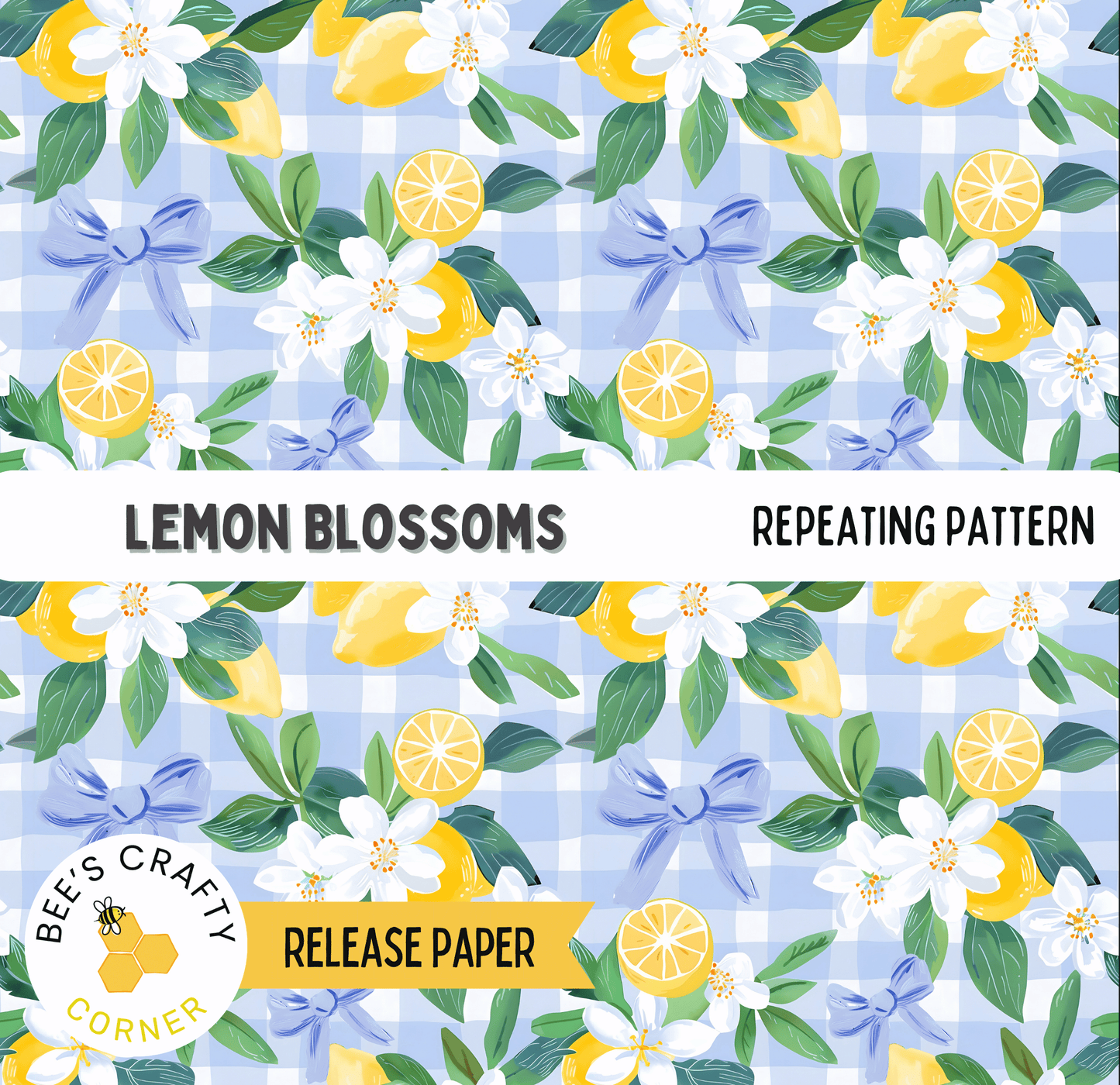 The image is a repeating pattern of lemon blossoms and white flowers on a blue and white checkered background.