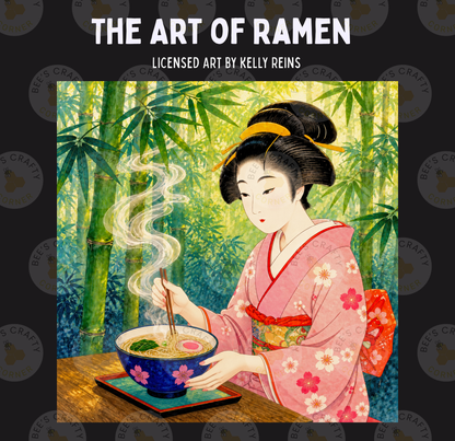 a woman in traditional Japanese attire, specifically a kimono, holding a bowl of ramen noodles and stirring the noodles with a spoon.