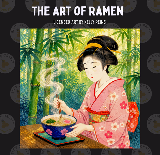 a woman in traditional Japanese attire, specifically a kimono, holding a bowl of ramen noodles and stirring the noodles with a spoon.