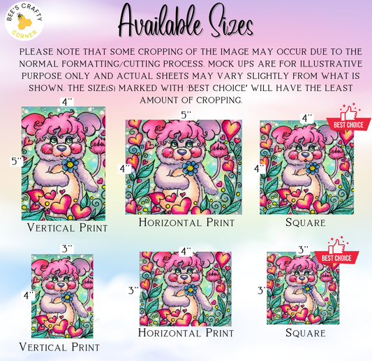 The image is a collage of six different sizes of illustrations featuring a pink bunny surrounded by flowers and hearts. The illustrations are arranged in a grid format, with three images in each row and two images in each column. The sizes of the illustrations vary, with some being larger and others smaller. The illustrations are designed to be used as sheets for a craft project, and the sizes are meant to be used for different purposes, such as creating a collage or a handmade card.