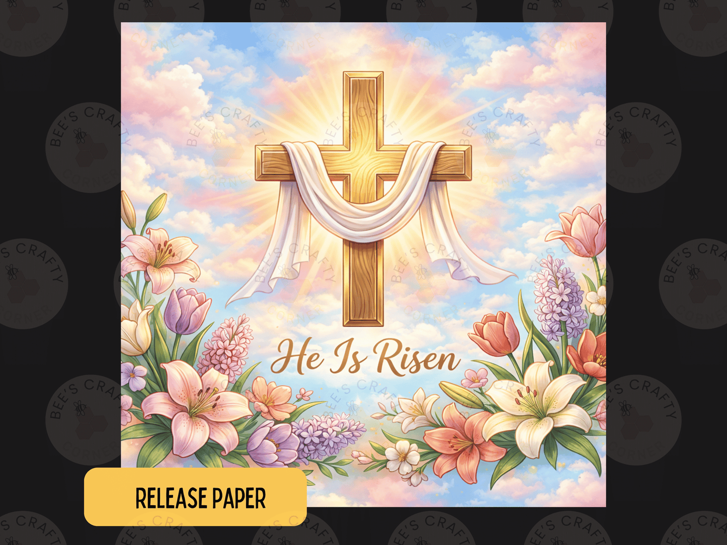 The image is a digital illustration featuring a cross surrounded by flowers and a bright, colorful sky.