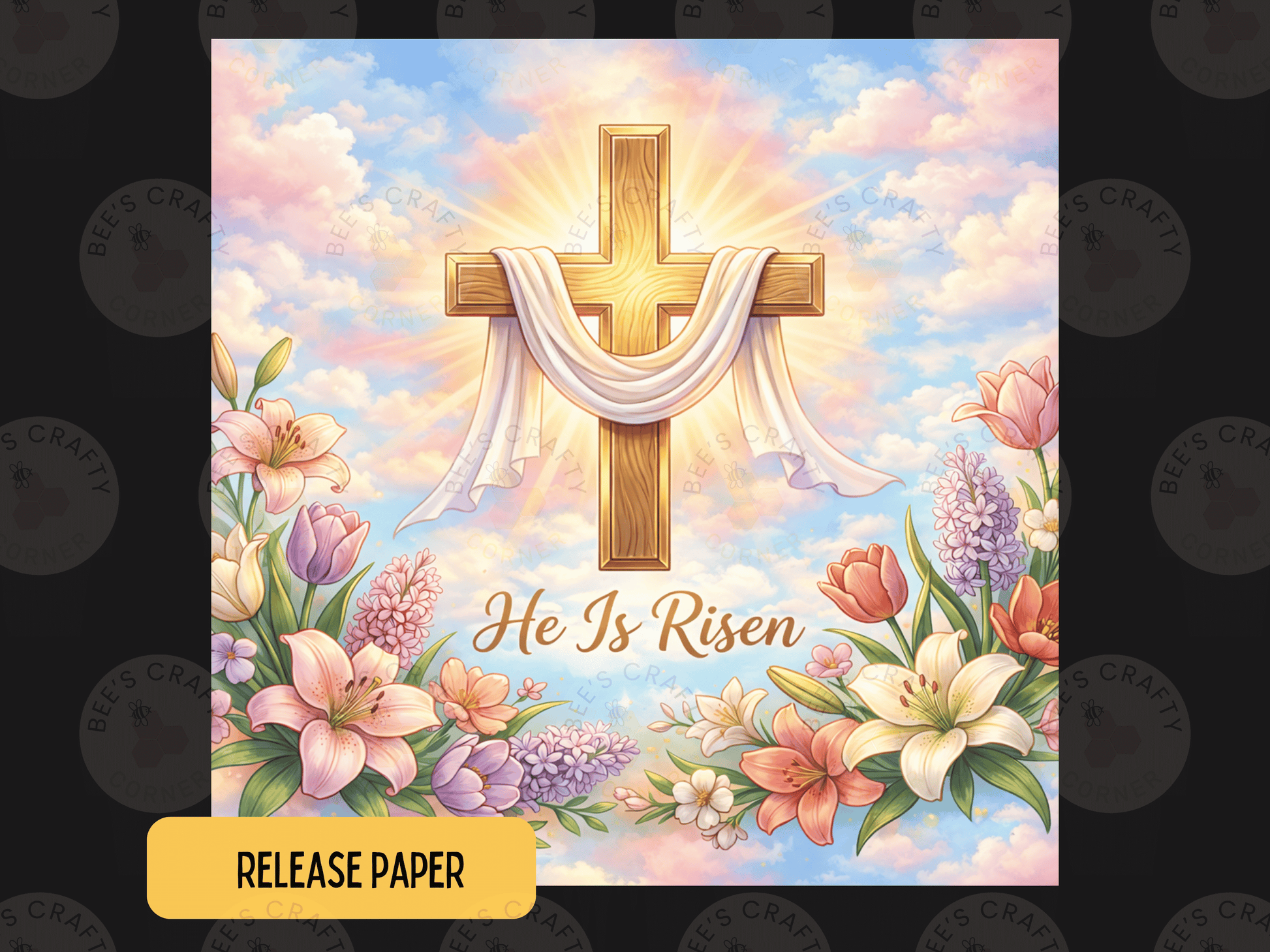 The image is a digital illustration featuring a cross surrounded by flowers and a bright, colorful sky.