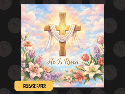 The image is a digital illustration featuring a cross surrounded by flowers and a bright, colorful sky.