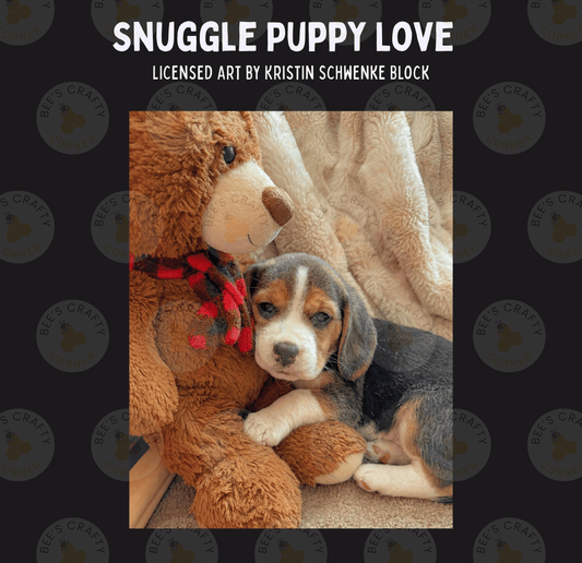 A brown teddy bear wearing a red scarf is cuddling with a small beagle puppy on a couch.
