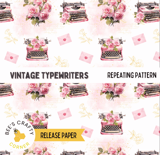 The image is a repeating pattern of vintage typewriters with pink roses, featuring the text "Vintage Typewriters" and "REPEATING PATTERN" along with the text "BEES CRAFTY CORNER" and "RELEASEPAPER" at the bottom.