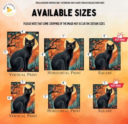 The image is a collection of six different sizes of black cat illustrations, each with a unique style and color scheme. The cats are depicted in various poses and settings, such as standing, sitting, and interacting with their surroundings. The sizes of the illustrations range from 4" to 5" in height, and from 3" to 4" in width. The cats are shown in different artistic styles, such as vertical print, horizontal print, and square print, adding variety and visual interest to the collection.