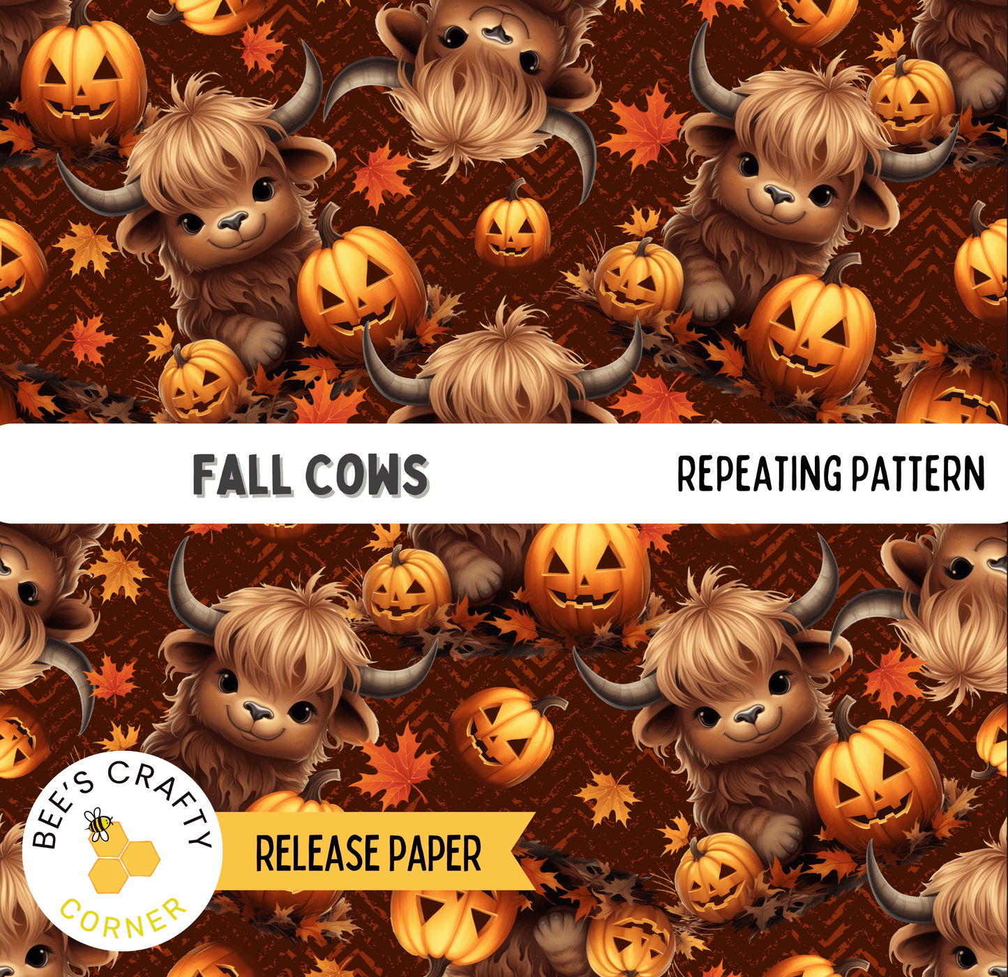 The image is a repeating pattern of cartoon-style cows and jack-o-lanterns against a brown background with autumn leaves.