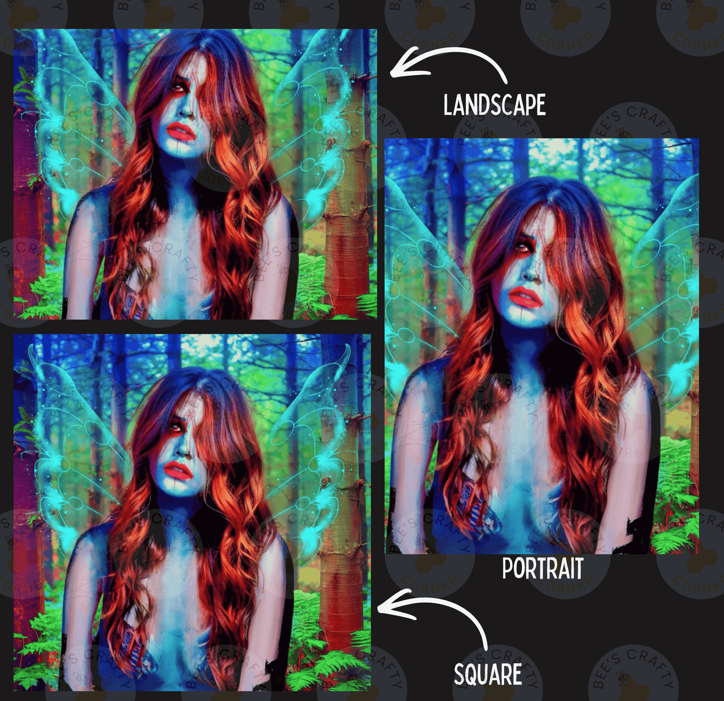 The image is a collage of three images depicting a woman with long, red hair against a forest background. The collage includes a landscape image and two portrait images, with the landscape image labeled "LANDSCAPE" and the portrait images labeled "PORTRAIT" and "SQUARE".