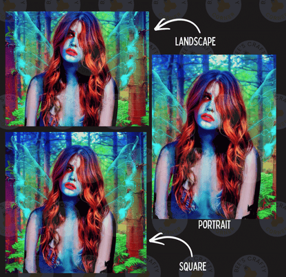 The image is a collage of three images depicting a woman with long, red hair against a forest background. The collage includes a landscape image and two portrait images, with the landscape image labeled "LANDSCAPE" and the portrait images labeled "PORTRAIT" and "SQUARE".