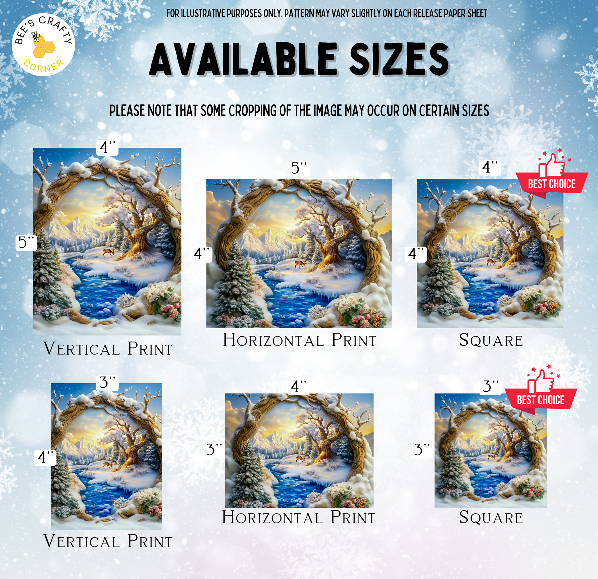 The image is a collection of six different sizes of paintings or prints depicting winter landscapes, including a snowy forest scene, a snowy river, and a snowy mountain landscape.