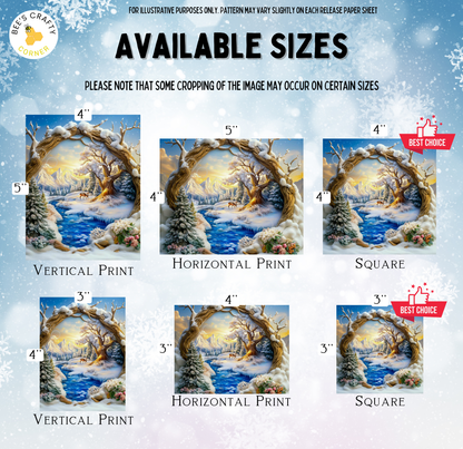 The image is a collection of six different sizes of paintings or prints depicting winter landscapes, including a snowy forest scene, a snowy river, and a snowy mountain landscape.