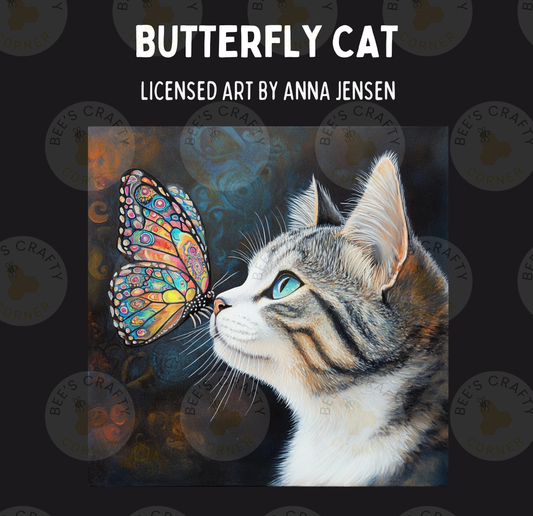 The image is a painting of a cat with a colorful butterfly resting on its nose, set against a dark background.