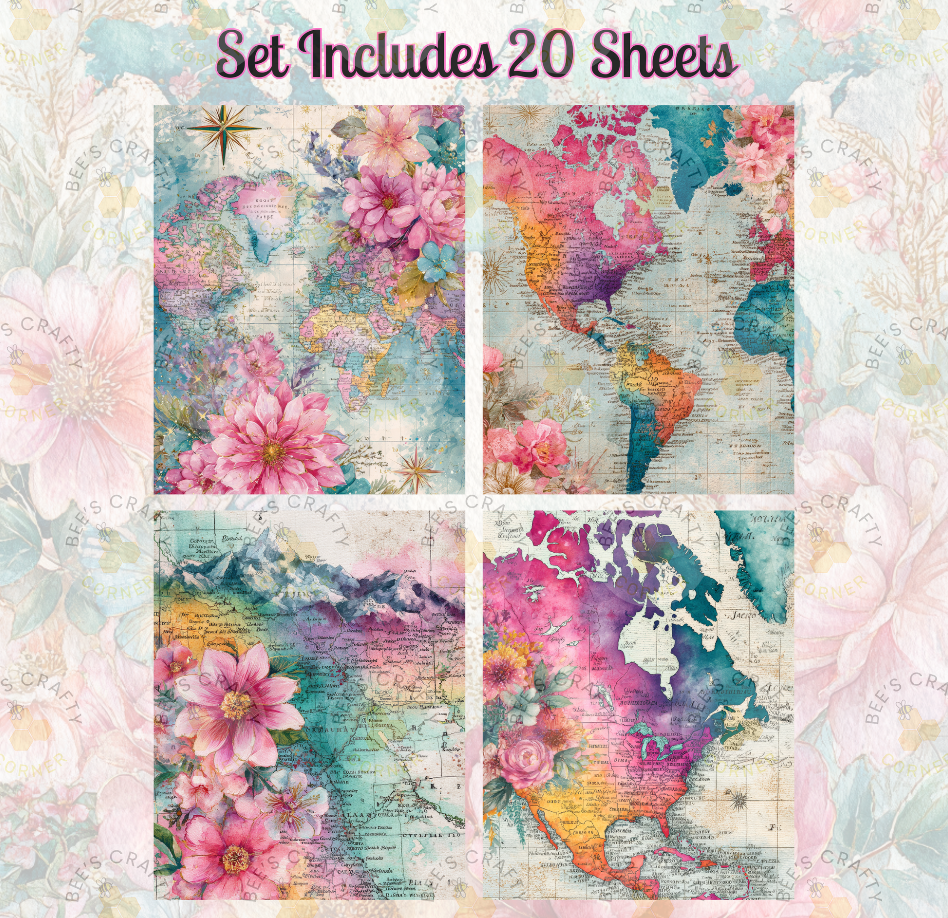 The image is a collage of four different floral and map-themed images, each featuring a unique combination of flowers and maps.