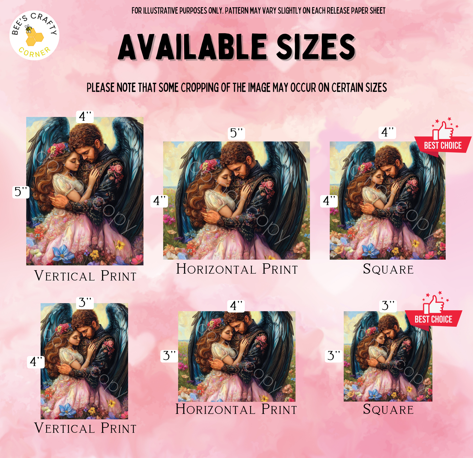 The image is a collage of six images depicting a couple embracing in various sizes, with the text indicating the available sizes for each image.
