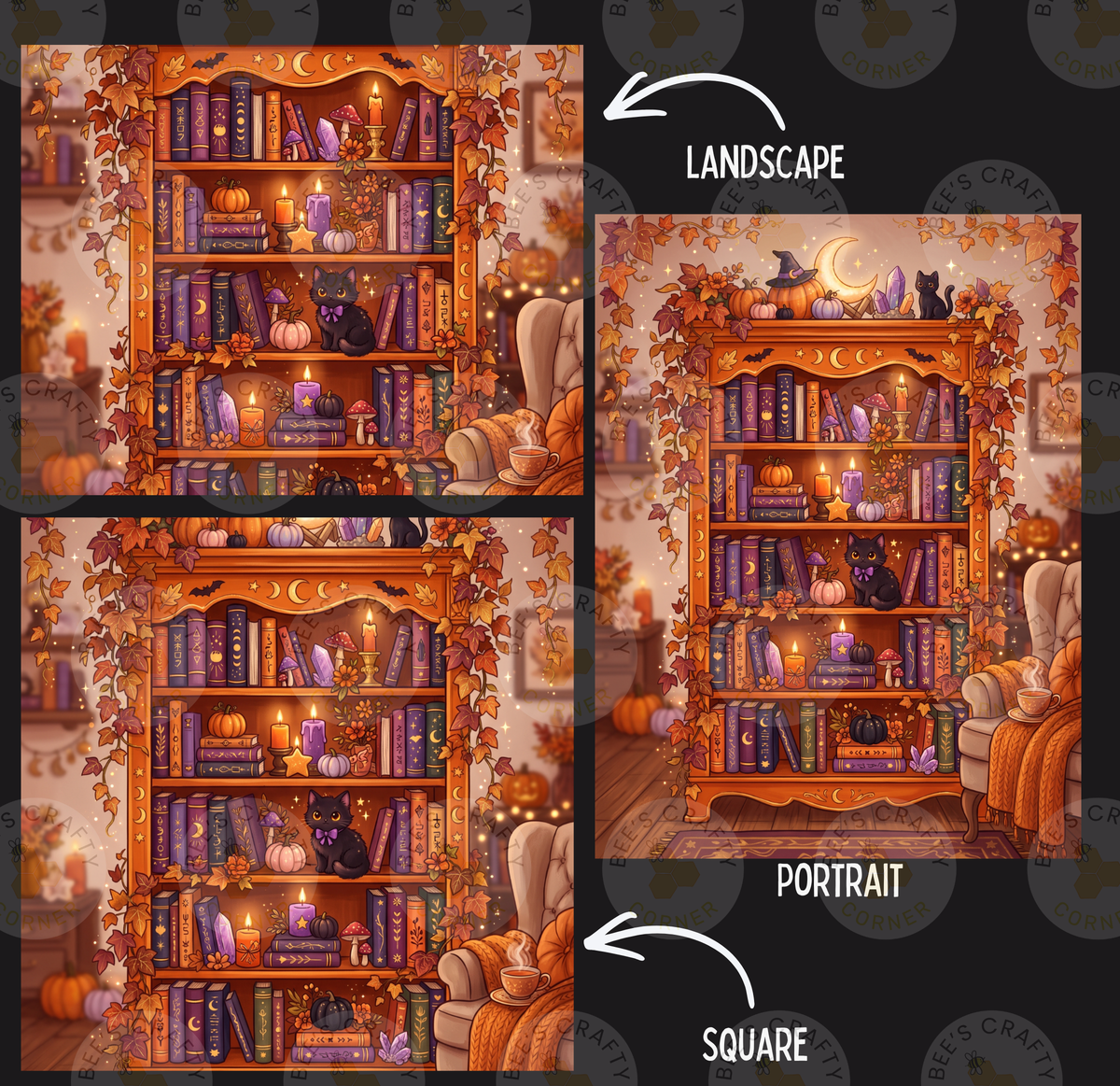The image is a collage of three pictures depicting a bookshelf filled with books, pumpkins, bats, and other Halloween-themed items. The first image shows the bookshelf with a landscape background, the second image depicts the bookshelf with a portrait background, and the third image features the bookshelf with a square background.