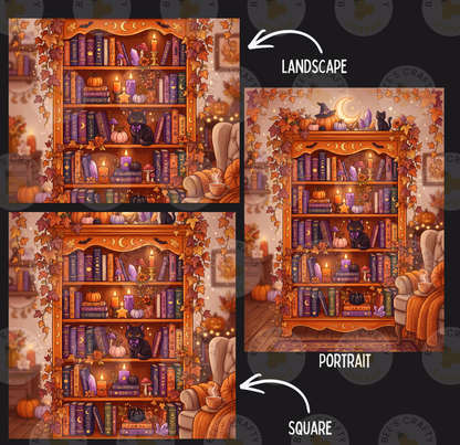 The image is a collage of three pictures depicting a bookshelf filled with books, pumpkins, bats, and other Halloween-themed items. The first image shows the bookshelf with a landscape background, the second image depicts the bookshelf with a portrait background, and the third image features the bookshelf with a square background.