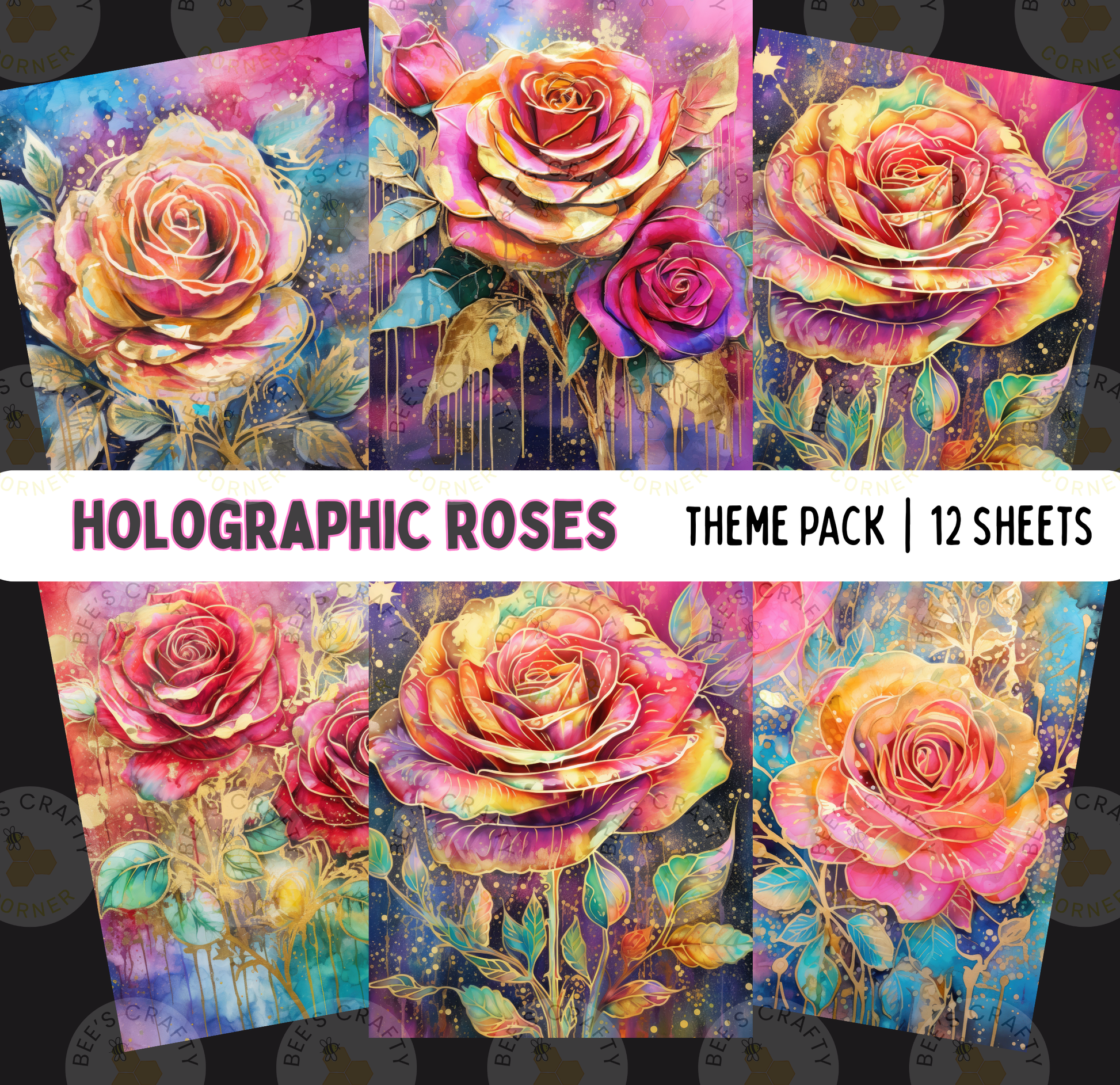 The image is a collage of 12 colorful, artistic photographs depicting various holographic roses in different stages of bloom.