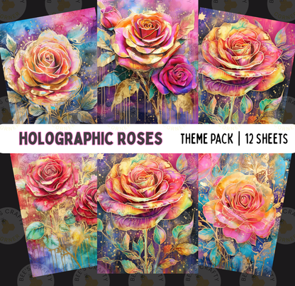 The image is a collage of 12 colorful, artistic photographs depicting various holographic roses in different stages of bloom.