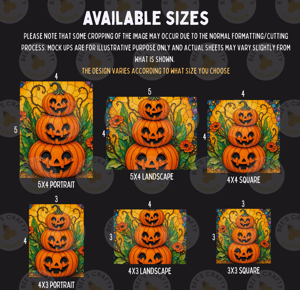 a collection of Halloween-themed images, including a 5x4 portrait, a 5x4 landscape, a 5x3 portrait, a 5x3 landscape, a 5x3 square, and a 3x3 portrait. The images are arranged in a grid format, with each row representing a different size and each column representing a different type of image. The text indicates that some cropping may occur during the normal formatting process, and that mock-ups are available for illustrative purposes only and actual sheets may vary slightly from what is shown.