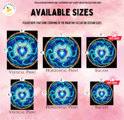 The image is a collection of six different sizes of circular designs, each with a unique pattern and color scheme. The sizes range from 4" to 5" in diameter, and the designs include a heart, a wave, and a gemstone. The image is not a collage of multiple images, but rather a single image with a consistent design and color scheme.
