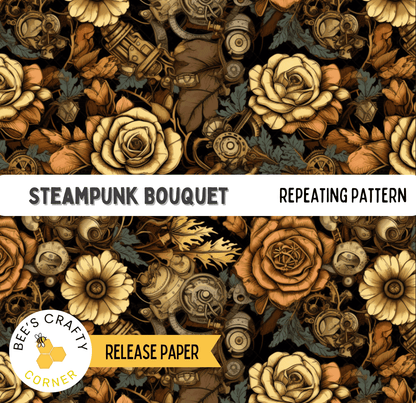 The image is a repeating pattern of various steampunk-inspired elements, including flowers, gears, and other mechanical components. The pattern is designed to resemble a steampunk bouquet, with a mix of organic and mechanical elements. The text "STEAMPUNK BOUQUET" and "REPEATING PATTERN" are visible, indicating the theme of the pattern. The image also includes a release paper label, suggesting that this design is intended for use in a publication or product.