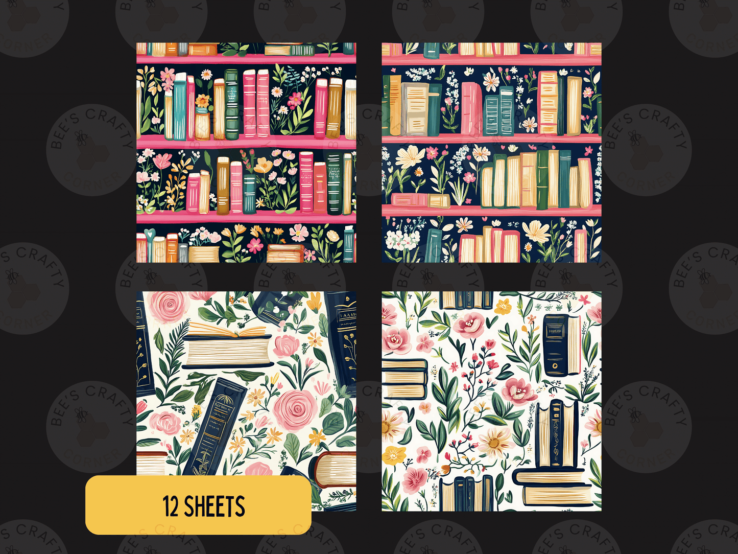 four different floral and book-themed patterns, each with a unique design and color scheme. The patterns include bookshelves with flowers, books with colorful covers, and books with a floral pattern. The images are arranged in a grid format, with each image being a separate square. The text "12 SHEETS" is visible, indicating that there are a total of 12 images in the collage.