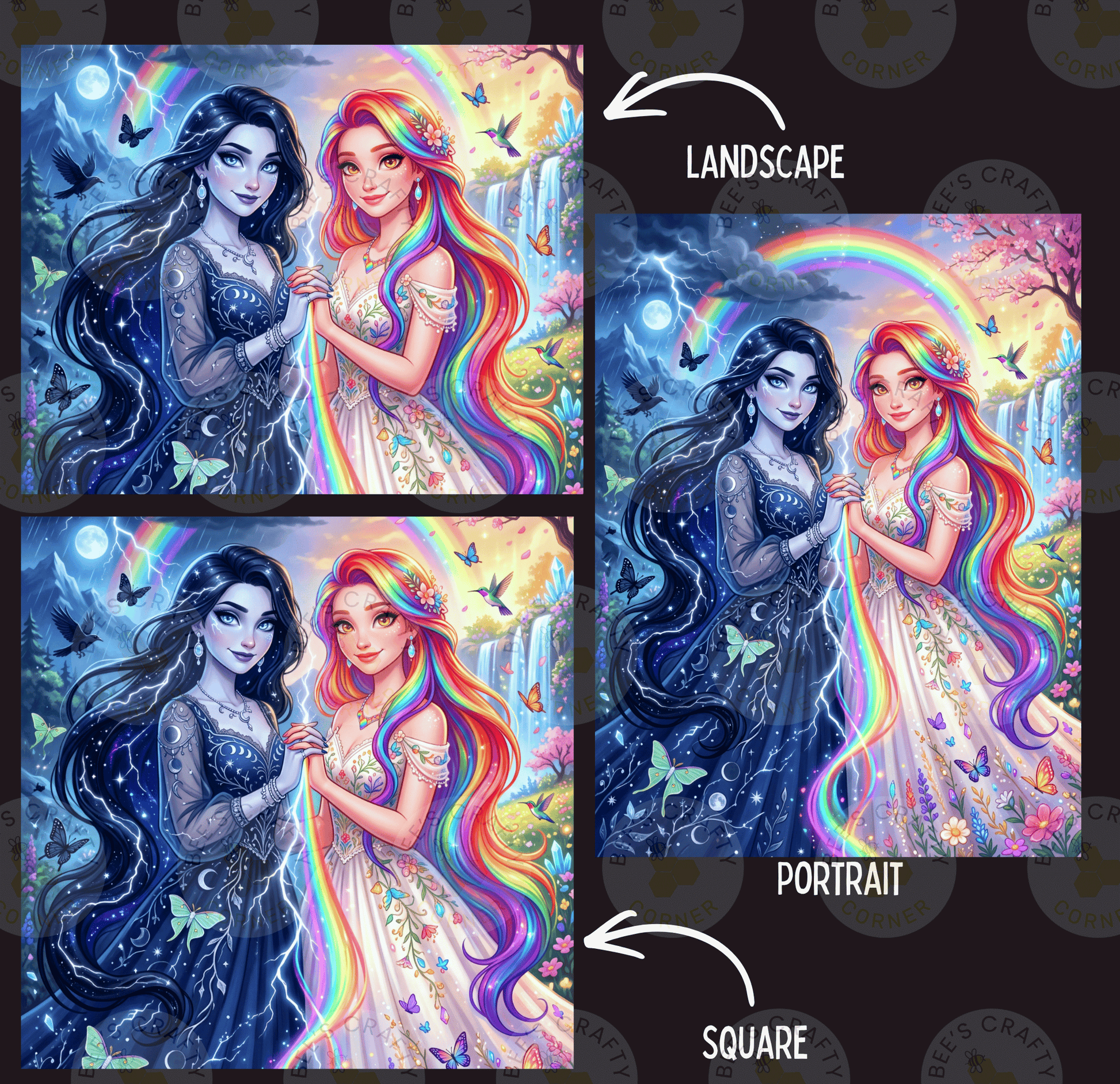 The image is a collage of three pictures depicting two women with long hair and colorful dresses, surrounded by a rainbow, butterflies, and a landscape. The collage is labeled as a landscape and a portrait, with the portrait being a square image.