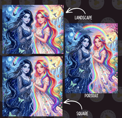 The image is a collage of three pictures depicting two women with long hair and colorful dresses, surrounded by a rainbow, butterflies, and a landscape. The collage is labeled as a landscape and a portrait, with the portrait being a square image.