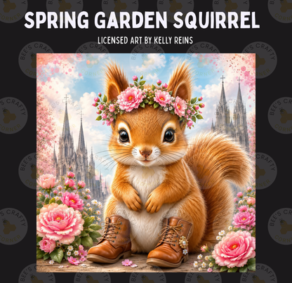 A squirrel wearing a flower crown sits on a bench surrounded by pink flowers and a castle in the background.
