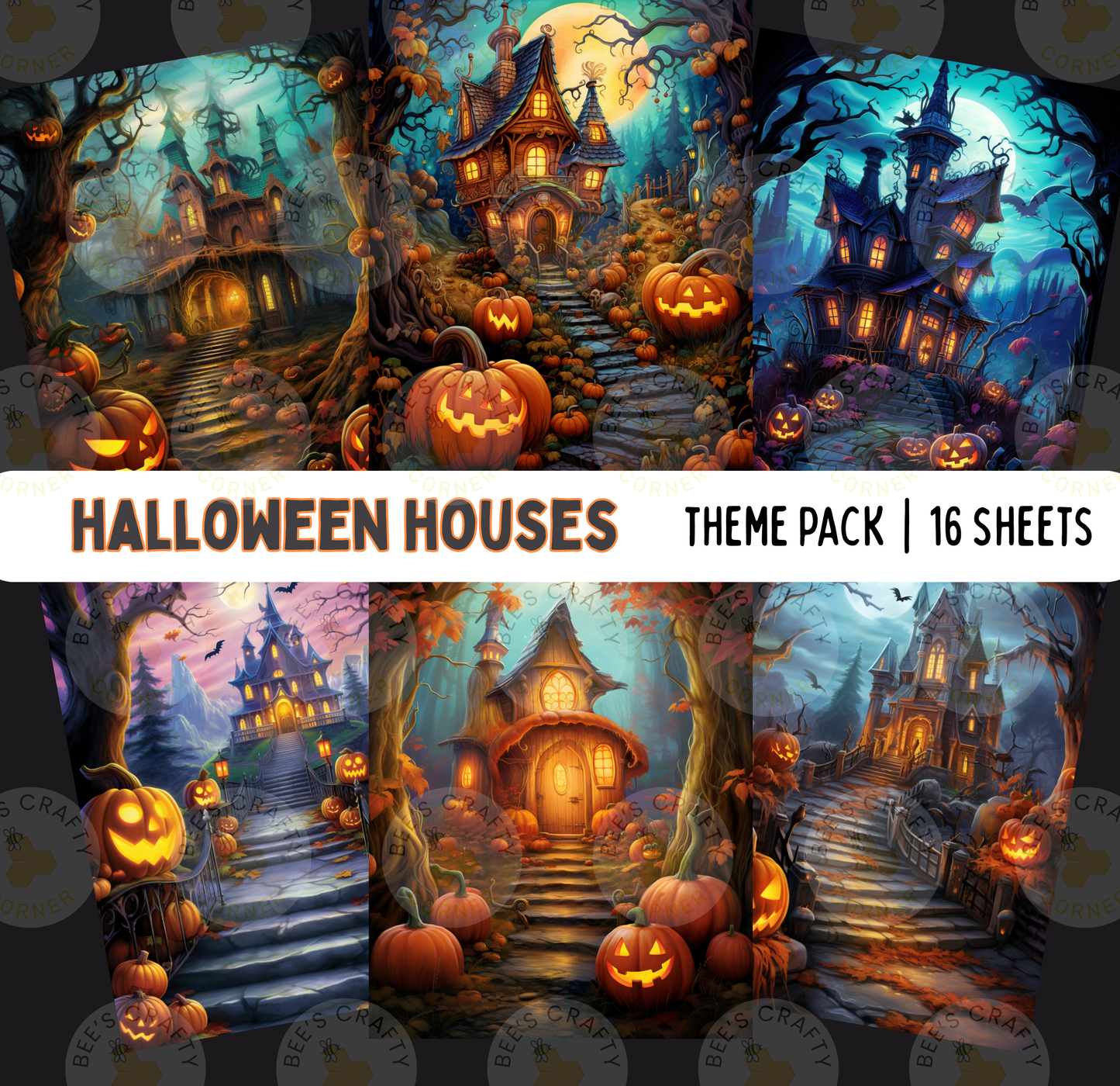 Halloween-themed collage with various spooky and festive images of houses, pumpkins, and bats.