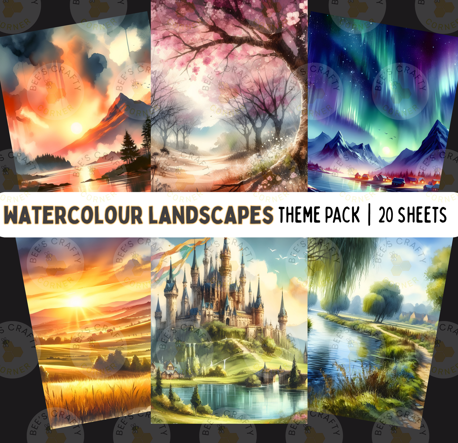 The image is a theme pack of watercolor landscapes, containing 20 different scenes. The scenes depict various landscapes, including mountains, forests, and other natural elements, as well as fantastical and imaginative scenes such as castles, fairies, and other fantastical creatures.