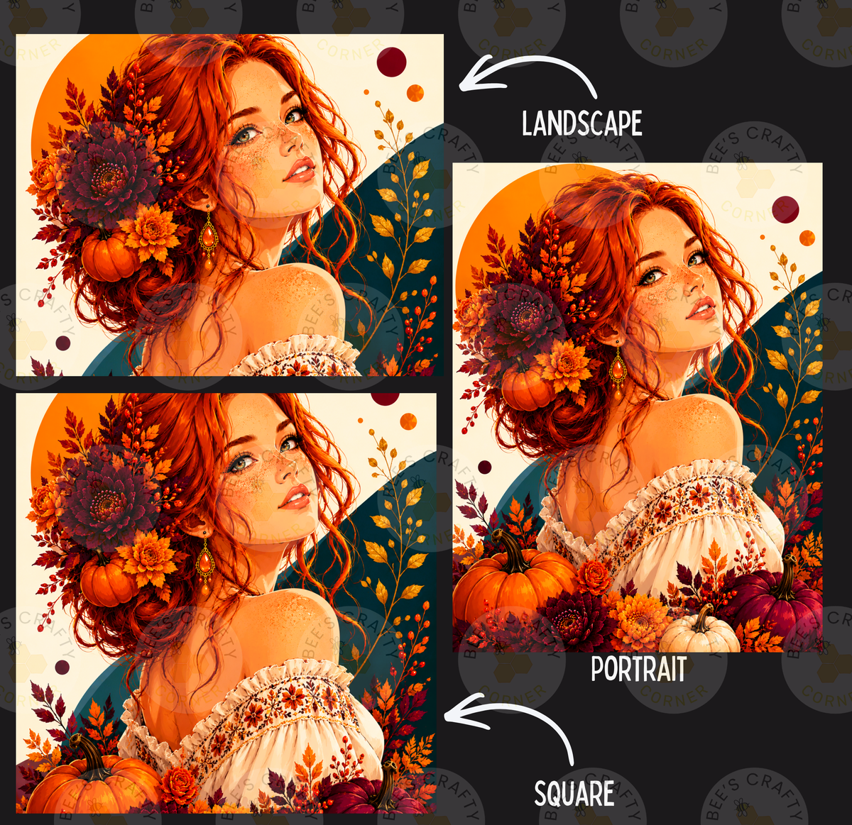 The image is a collage of three images depicting a woman with red hair and a white dress, surrounded by autumn flowers and pumpkins. The images are labeled as a landscape, portrait, and square, and the text "LANDSCAPE" is present in the top right corner of the collage.