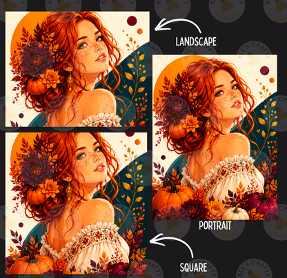 The image is a collage of three images depicting a woman with red hair and a white dress, surrounded by autumn flowers and pumpkins. The images are labeled as a landscape, portrait, and square, and the text "LANDSCAPE" is present in the top right corner of the collage.