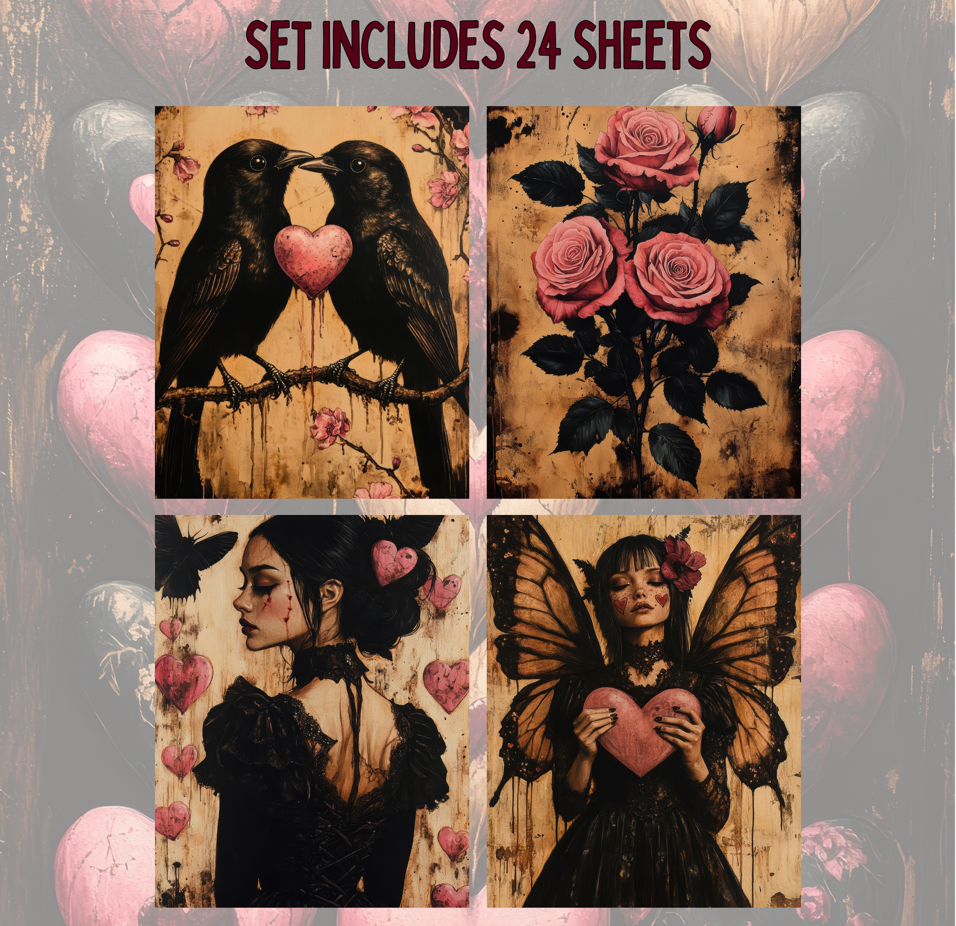 The image is a collage of four distinct artworks, each featuring a different scene with a heart symbol. The artworks include a pair of black birds with hearts, a bouquet of pink roses, a woman with wings and a heart, and a woman with a heart.