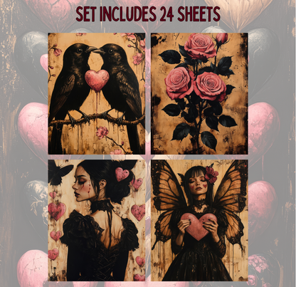 The image is a collage of four distinct artworks, each featuring a different scene with a heart symbol. The artworks include a pair of black birds with hearts, a bouquet of pink roses, a woman with wings and a heart, and a woman with a heart.