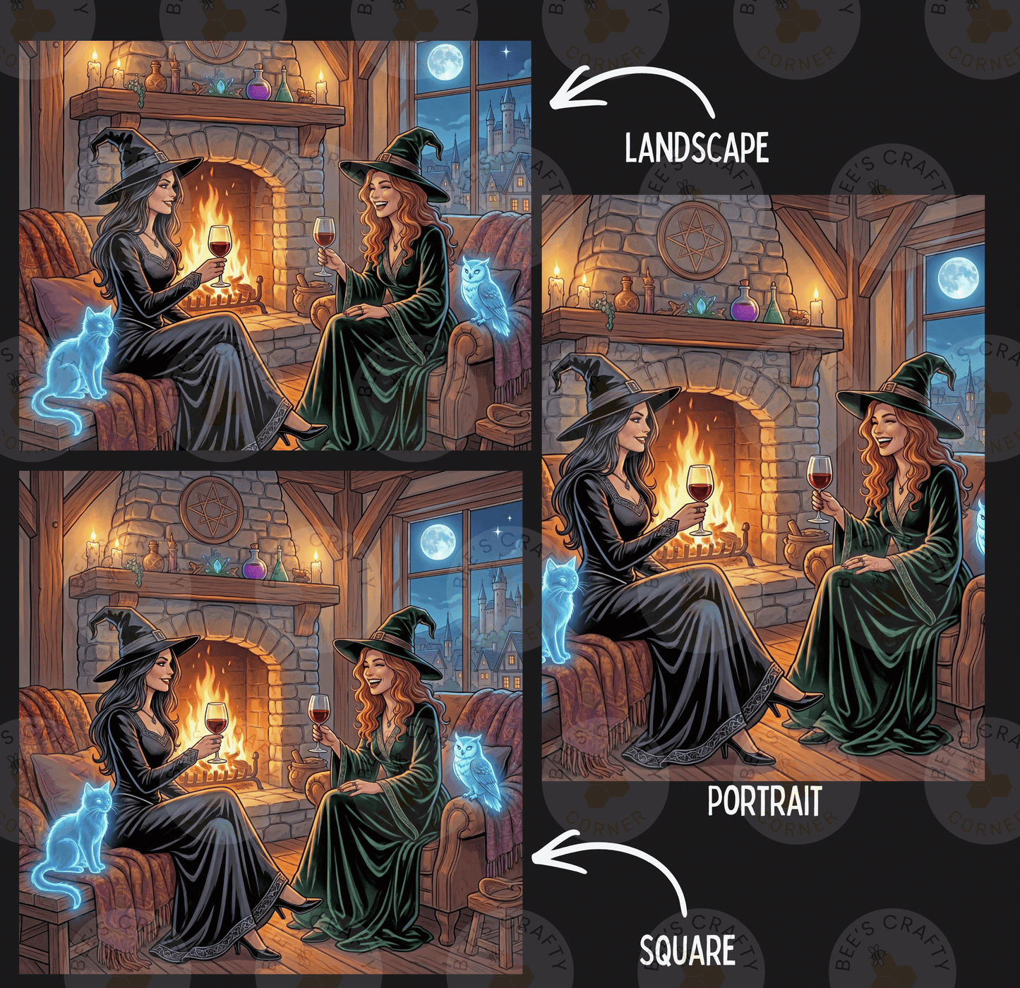 The image is a collage of three images depicting two women in witch costumes sitting by a fireplace, each holding a wine glass. The images are labeled as "LANDscape" and "PORTRAIT" to differentiate between the two styles of illustration.