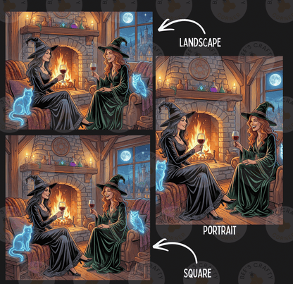 The image is a collage of three images depicting two women in witch costumes sitting by a fireplace, each holding a wine glass. The images are labeled as "LANDscape" and "PORTRAIT" to differentiate between the two styles of illustration.