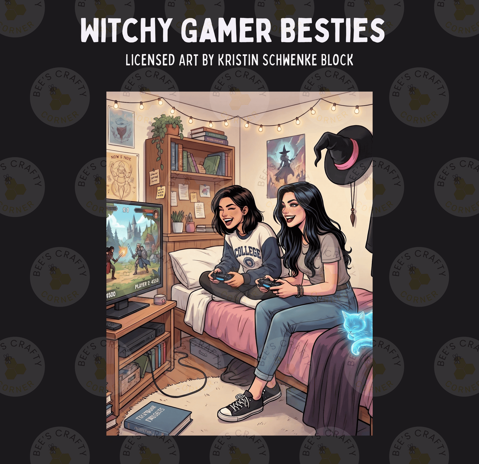 two young women sitting on a bed, playing a video game together. They are surrounded by various gaming accessories and a cozy, lived-in atmosphere.