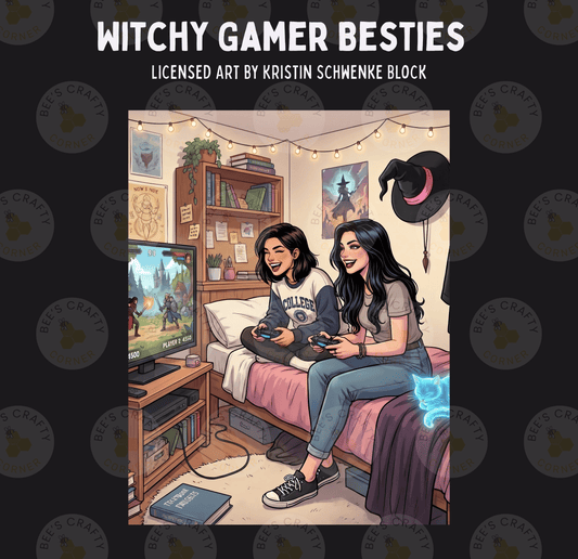 two young women sitting on a bed, playing a video game together. They are surrounded by various gaming accessories and a cozy, lived-in atmosphere.