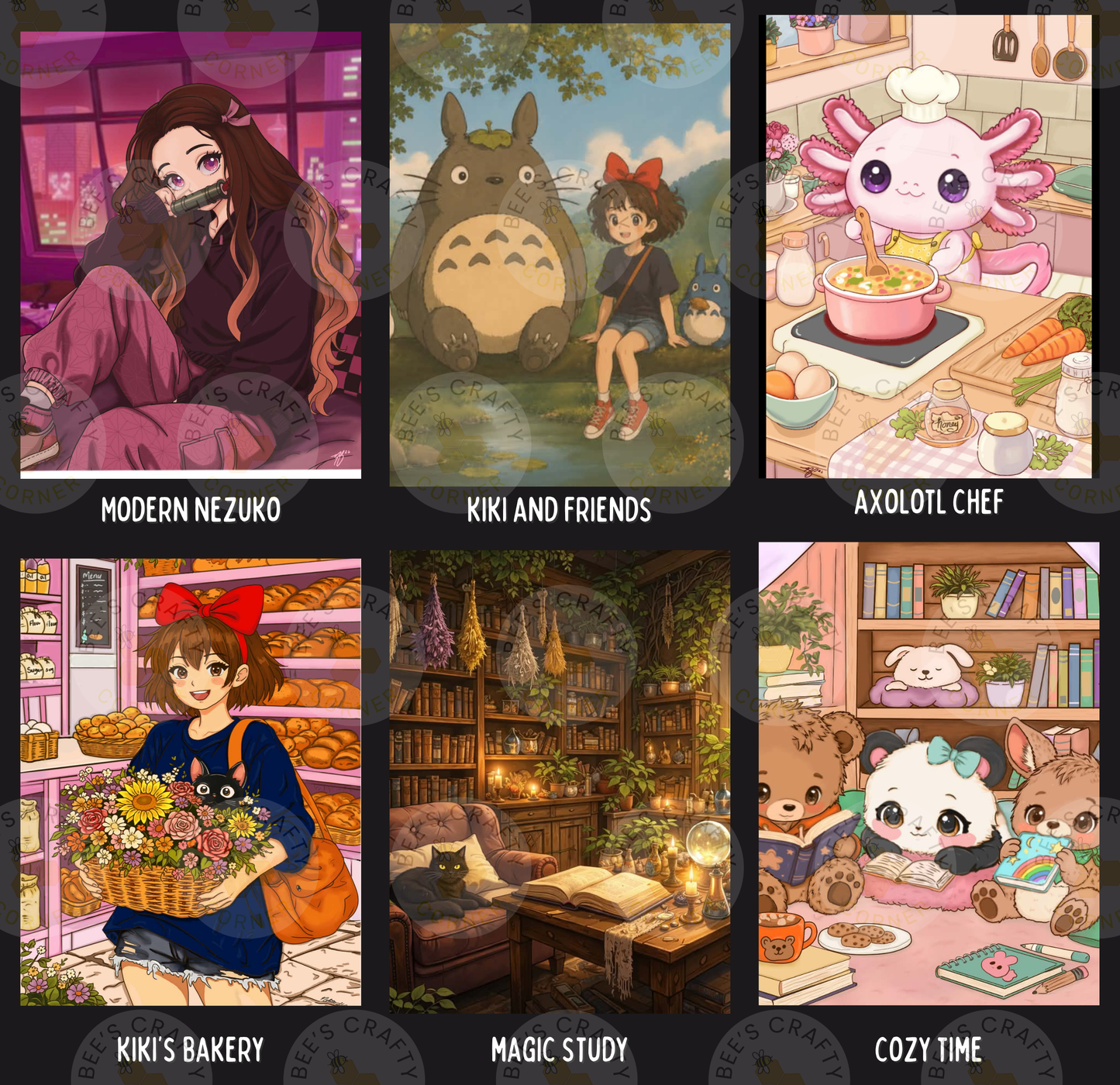 The image is a collage of six different illustrations, each depicting a different scene or character from various anime series. The illustrations include a character named Modern Nezoko, a character named Kiki and Friends, an axolot chef, a character named Kiki's Bakery, a character named Magic Study, and a character named Cozy Time.