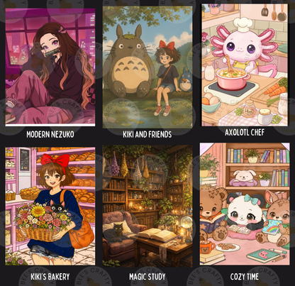 The image is a collage of six different illustrations, each depicting a different scene or character from various anime series. The illustrations include a character named Modern Nezoko, a character named Kiki and Friends, an axolot chef, a character named Kiki's Bakery, a character named Magic Study, and a character named Cozy Time.