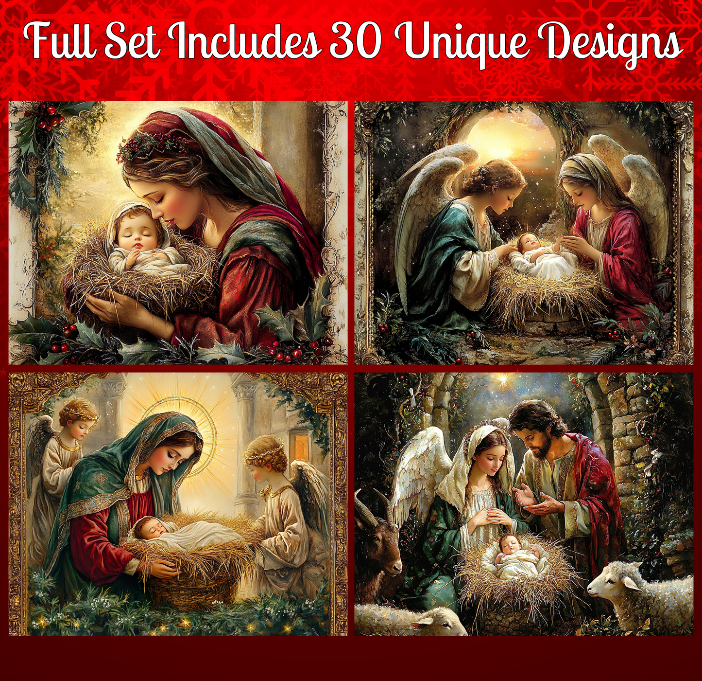 The image is a collage of four distinct scenes from the nativity story, featuring the mother, baby Jesus, and angels in various settings.