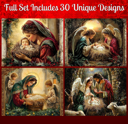The image is a collage of four distinct scenes from the nativity story, featuring the mother, baby Jesus, and angels in various settings.