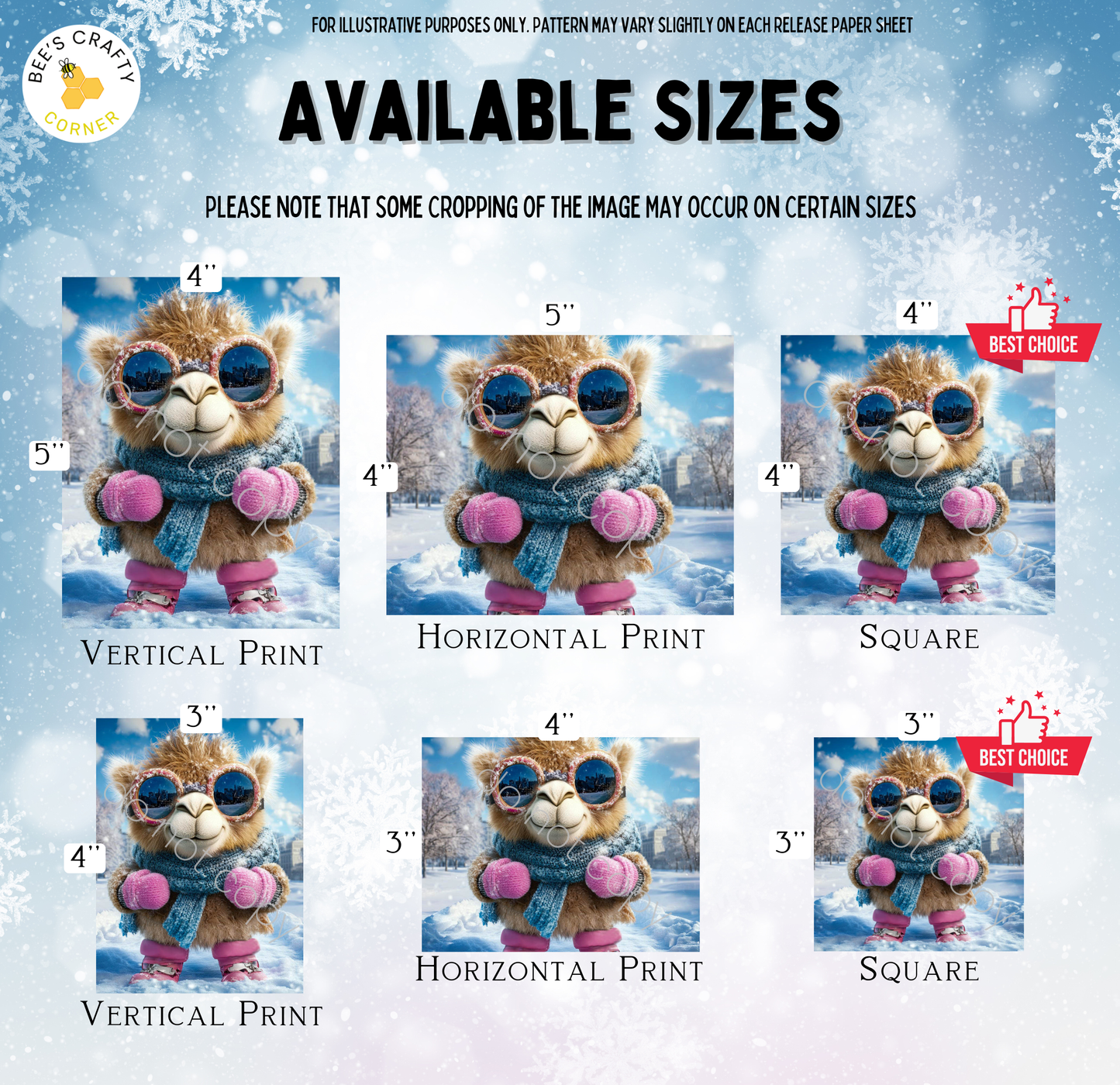 The image is a collage of six different sizes of a brown teddy bear wearing sunglasses and a scarf, each with a unique background. The sizes range from 4" to 5" in vertical orientation, and 3" to 4" in horizontal orientation. The sizes are labeled with the corresponding text, and there is a note that some cropping may occur on certain sizes.