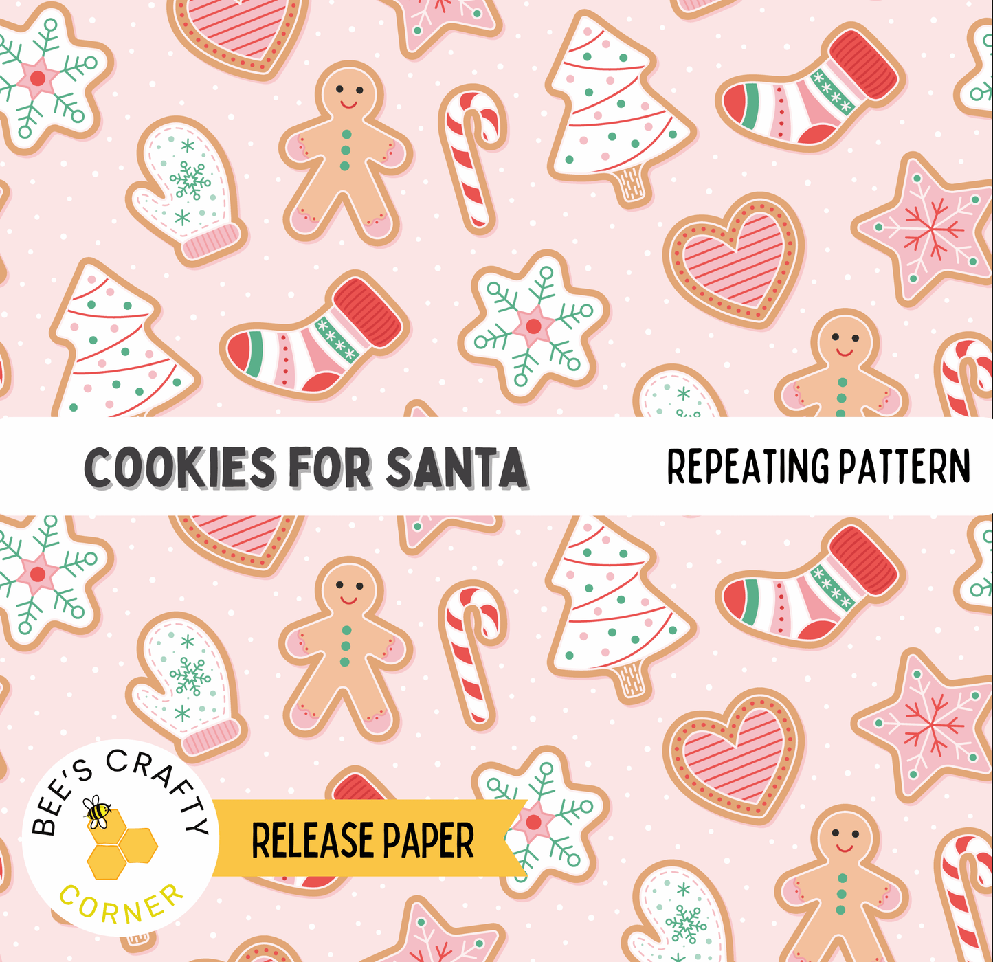 The image is a repeating pattern of various Christmas-themed cookies and gingerbread men, including snowflakes, stars, and Santa Claus figures, all set against a pink background.