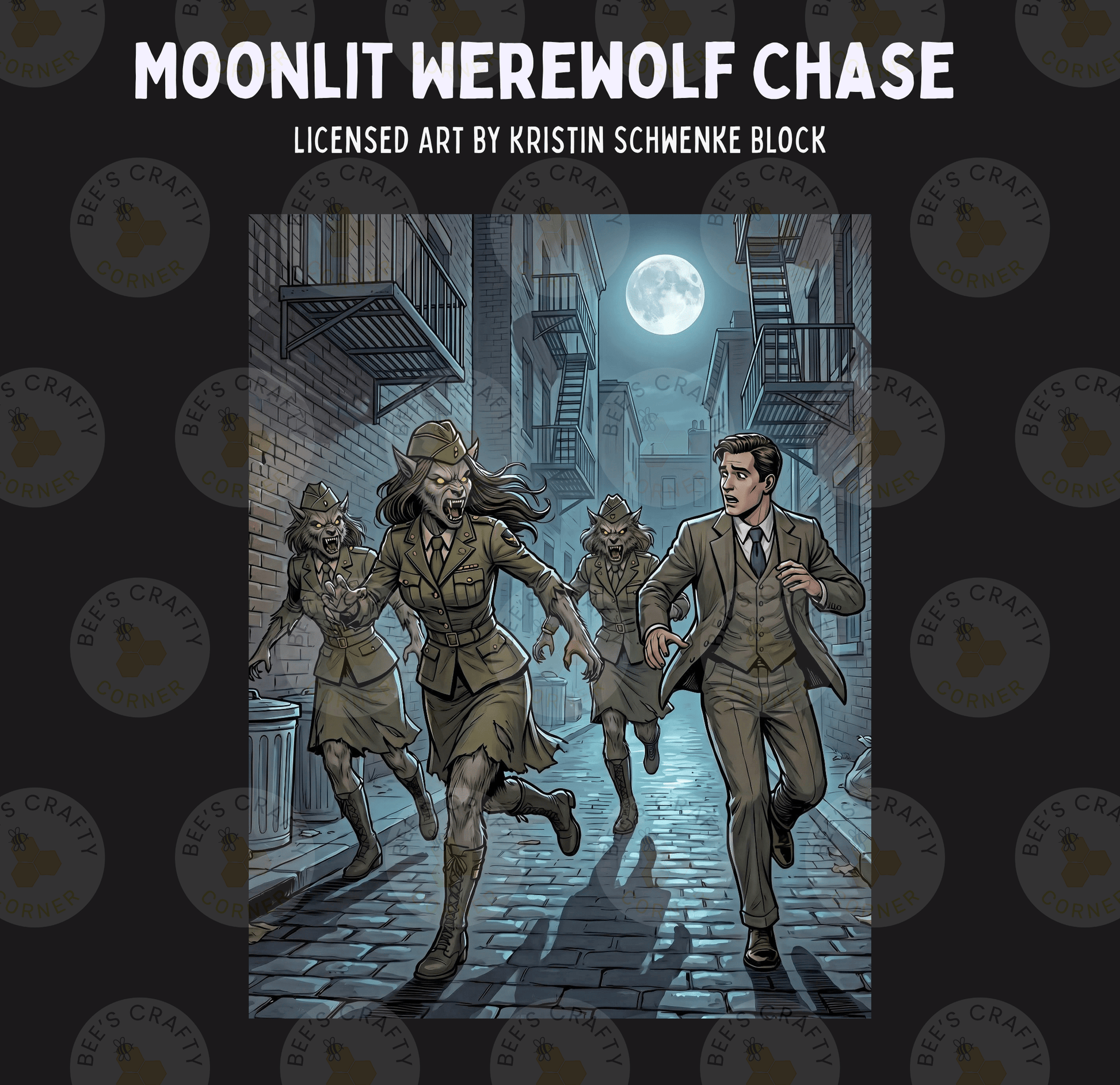 The image is a comic book cover for "Moonlit Werewolf Chase" by Kristin Schmenke Block. It depicts a group of werewolf characters running down a dark alleyway at night, with a full moon illuminating the scene.