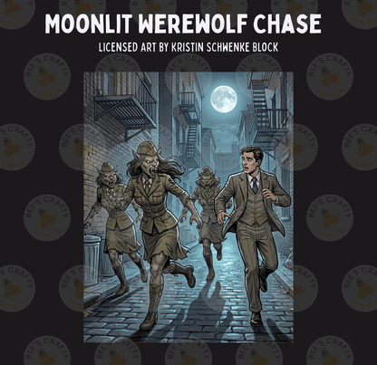 The image is a comic book cover for "Moonlit Werewolf Chase" by Kristin Schmenke Block. It depicts a group of werewolf characters running down a dark alleyway at night, with a full moon illuminating the scene.