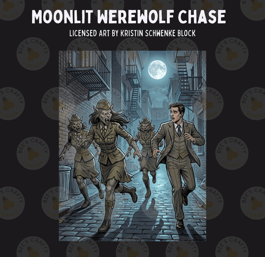 The image is a comic book cover for "Moonlit Werewolf Chase" by Kristin Schmenke Block. It depicts a group of werewolf characters running down a dark alleyway at night, with a full moon illuminating the scene.