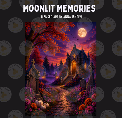 The image is a painting depicting a spooky, moonlit graveyard scene with a castle, trees, and pumpkins.