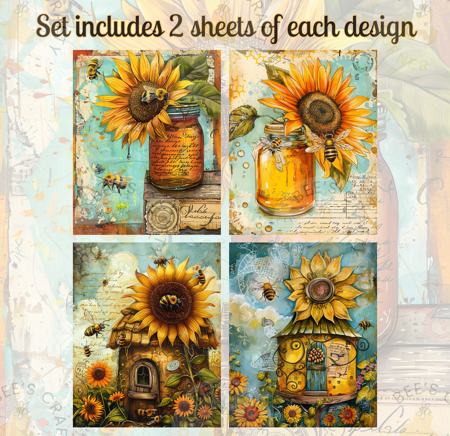 The image is a collage of four pictures featuring sunflowers and honey jars.